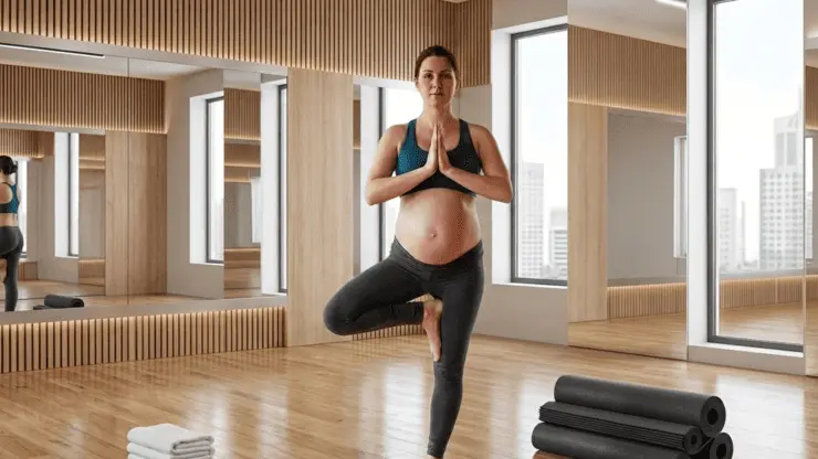 una donna incinta che fa ginnastica e che rappresenta il corso di ginnastica pre e post-parto